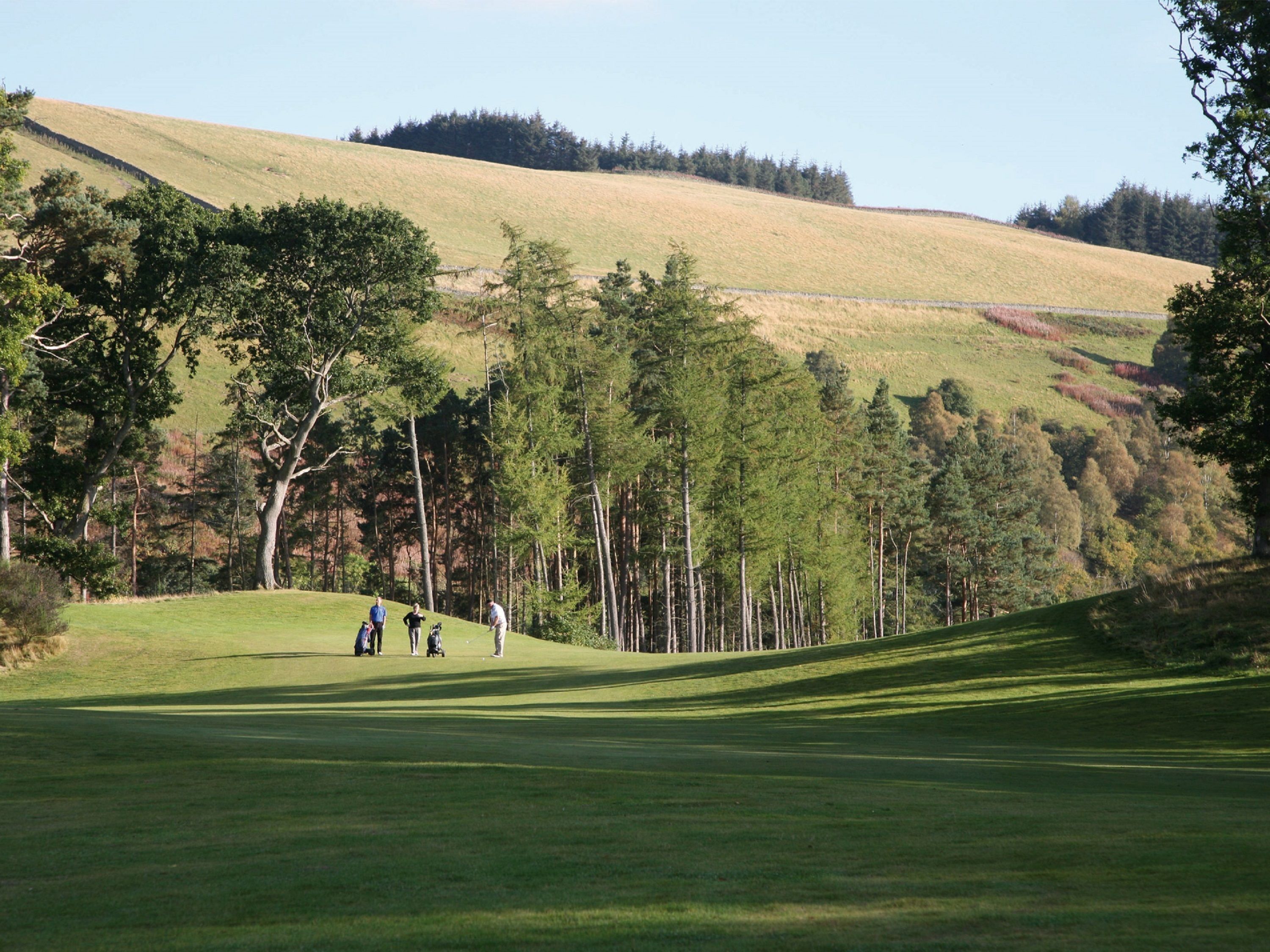 A golf course with a grassy fairway, trees, and a hilly background.