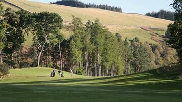 A golf course with a grassy fairway, trees, and a hilly background.