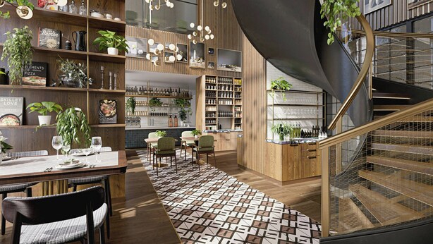 Ein modernes Interieur mit Essbereich, Bücherregalen und einer Wendeltreppe.