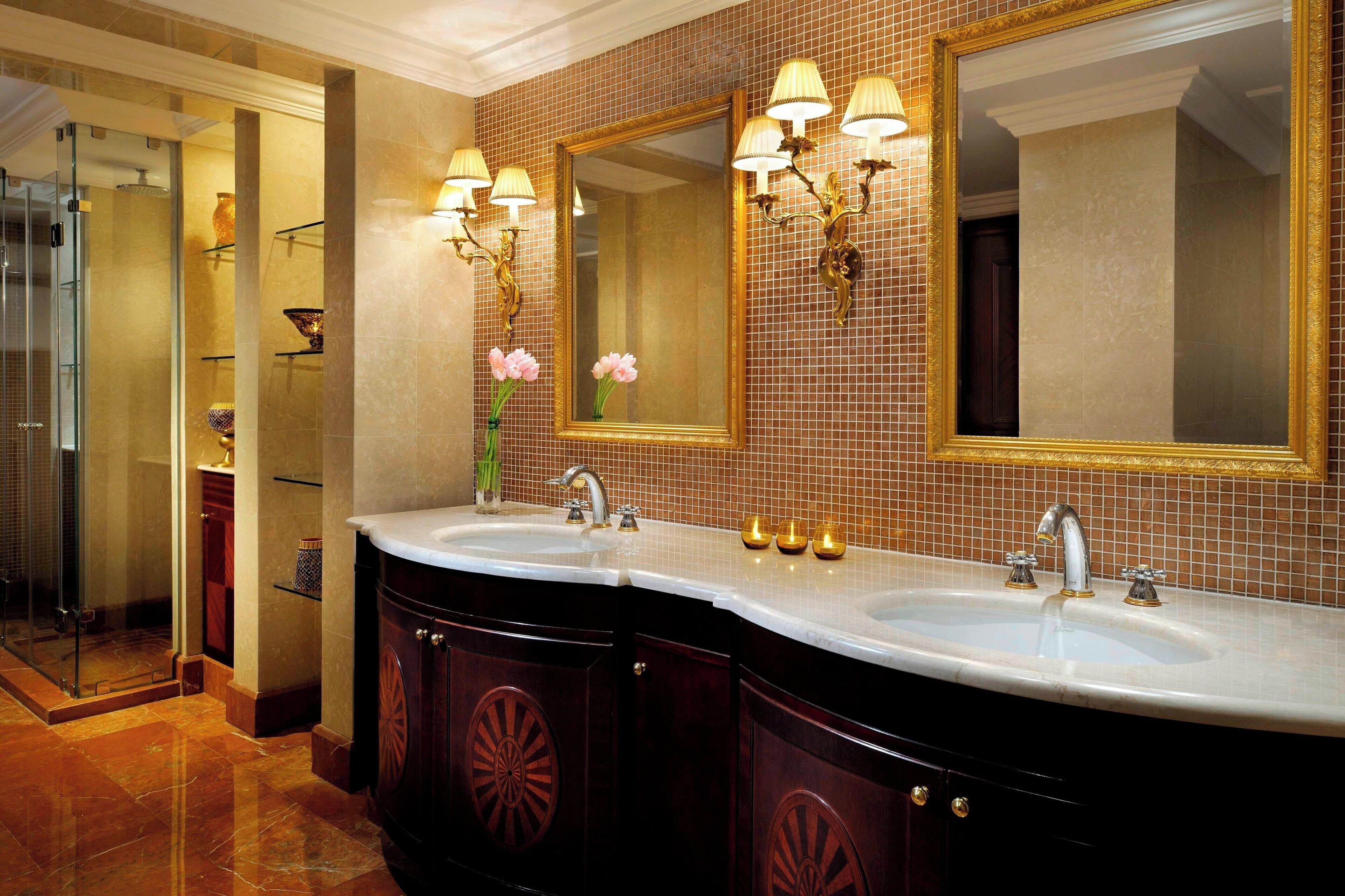 separate bathtub and shower, deep-soaking bathtub, designer toiletries