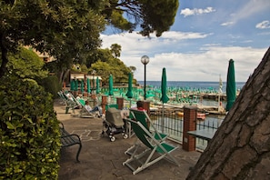 On the beach, beach cabanas, sun-loungers, beach umbrellas