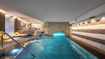 Indoor pool, seasonal outdoor pool, pool umbrellas, pool loungers