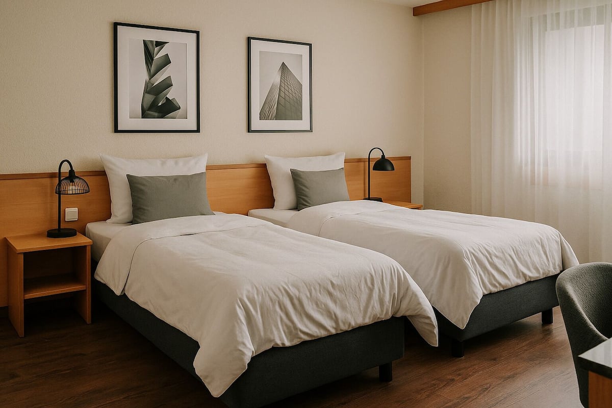 Habitación de hotel con dos camas, una mesita de noche, una lámpara y dos cuadros en la pared.