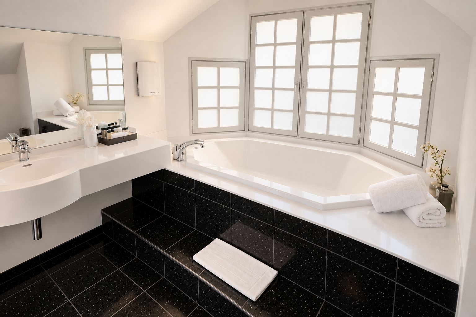 A modern bathroom with a white sink, a large bathtub, and a mirror above the sink.