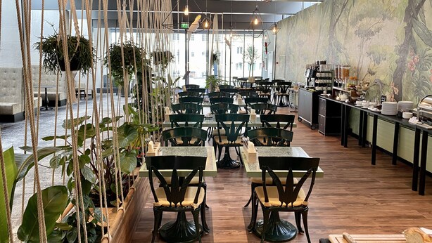 Un restaurante con mesas y sillas de madera, plantas colgantes y una zona de buffet.