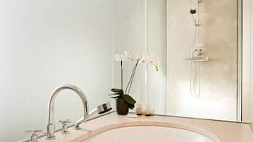 A modern bathroom with a large sink, a handheld showerhead, and a potted orchid.