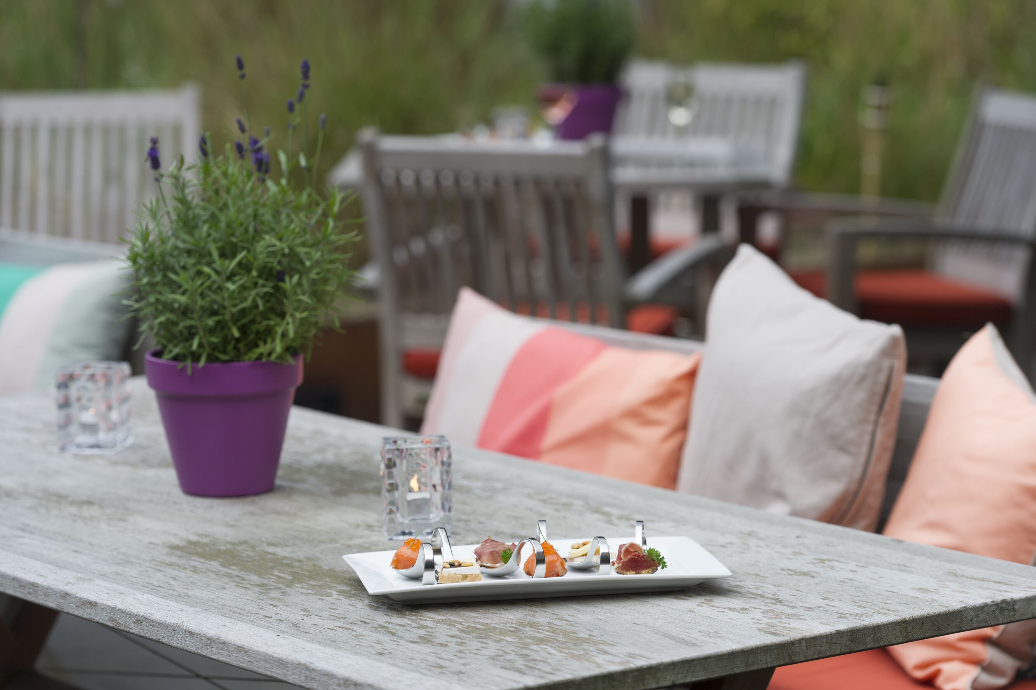A dining table with a plate of appetizers, a potted plant, and a candle.