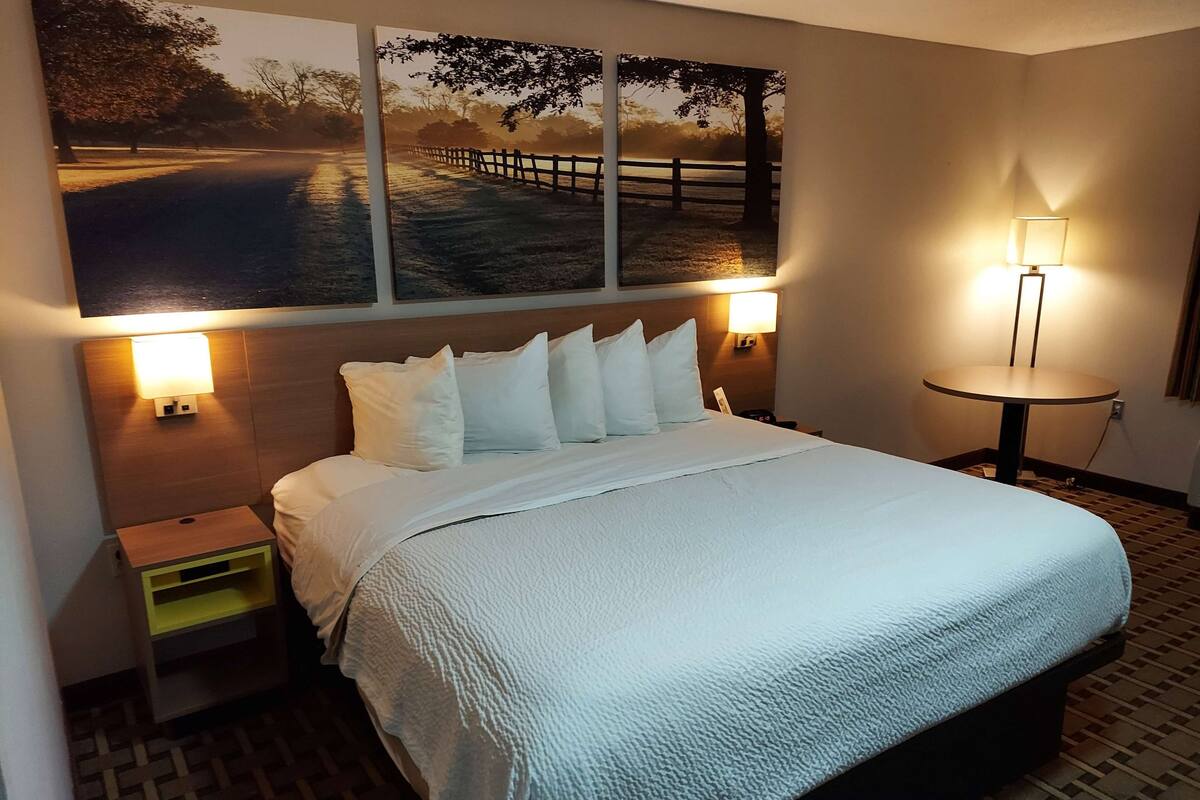 A neatly made bed with white linens, a bedside table with a lamp, and a wall-mounted picture above the bed.