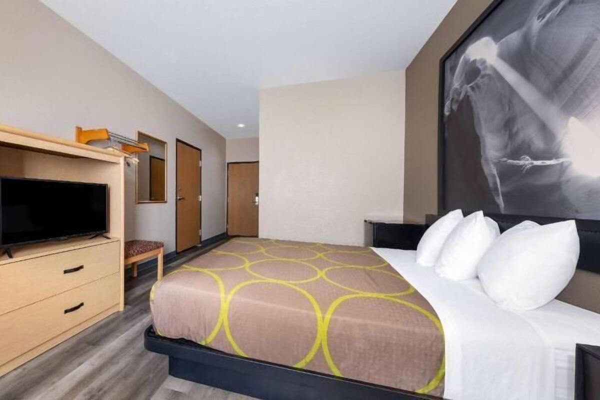 A hotel room with a bed, a TV, a desk, and a large window.