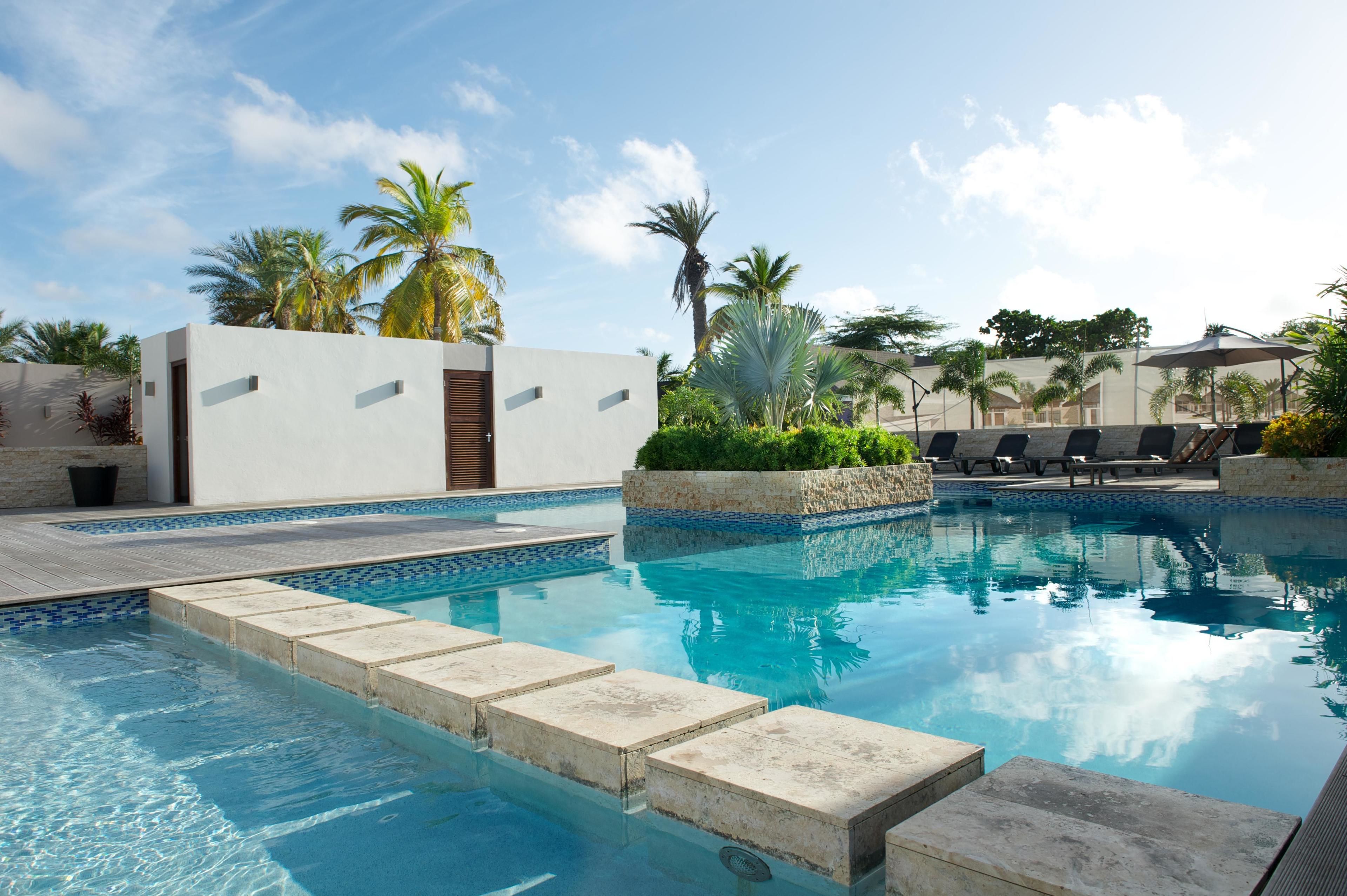 outdoor pool, pool loungers