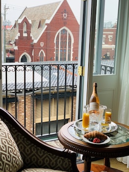 Hotel room view looking out at Market Pavilion Hotel