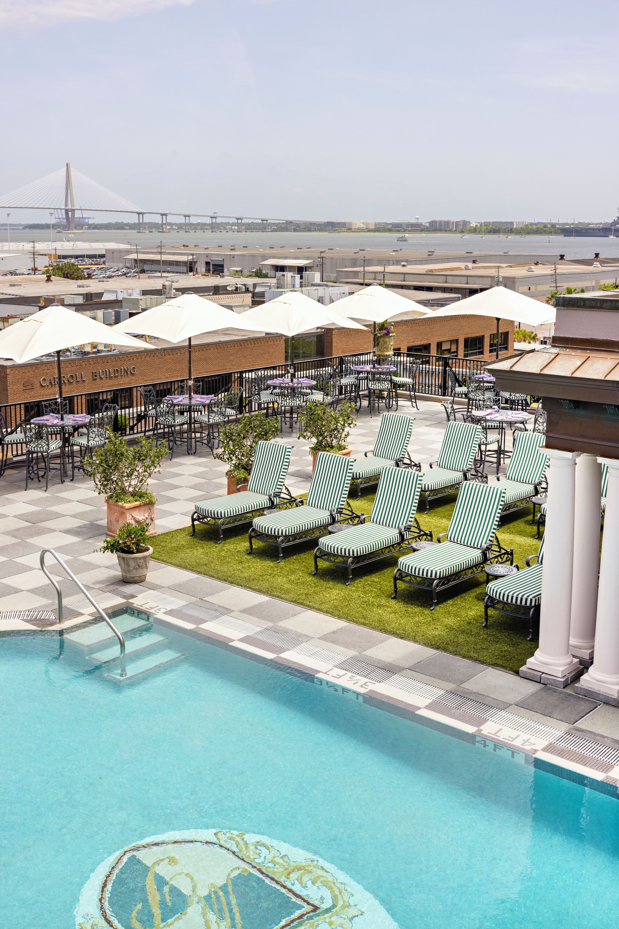 outdoor pool, pool loungers