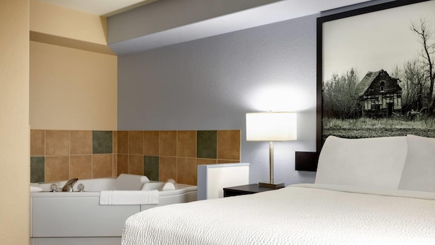 Hotelkamer met een groot bed, een badkuip, een nachtkastje, een lamp en een ingelijst schilderij aan de muur.