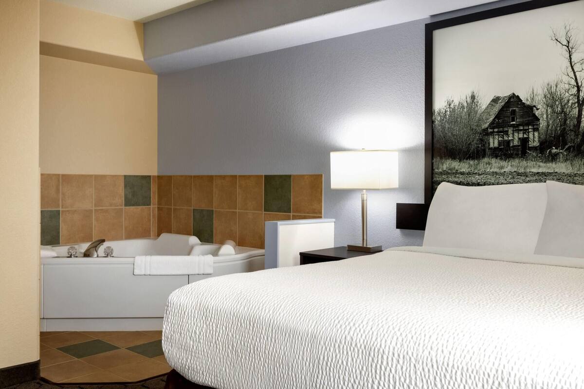 Une chambre d’hôtel avec un grand lit, une baignoire, une table de chevet, une lampe et un tableau encadré au mur.