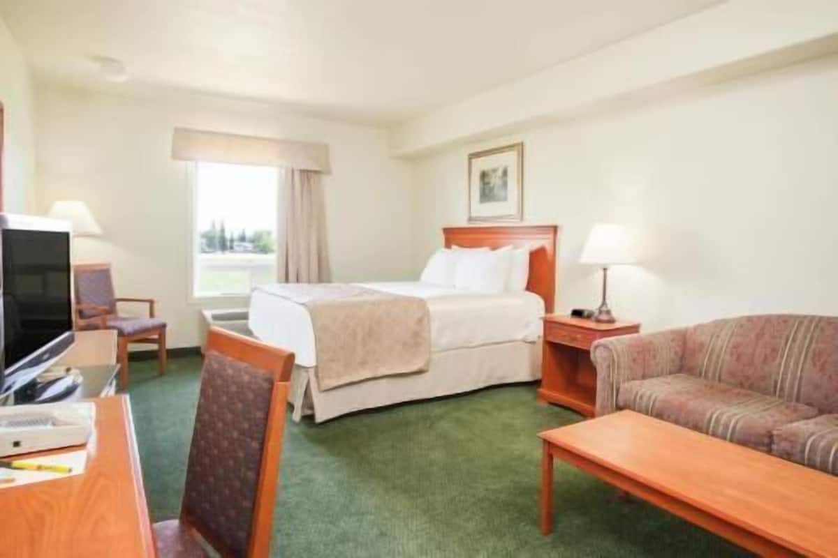 Une chambre d’hôtel équipée d’un lit, d’un bureau, d’une télévision, d’une chaise, d’un canapé et d’une fenêtre.
