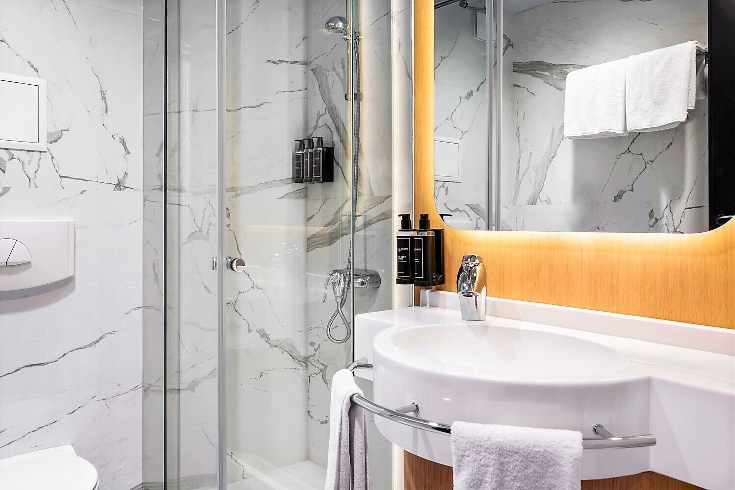 Eco-friendly toiletries, hair dryer, towels