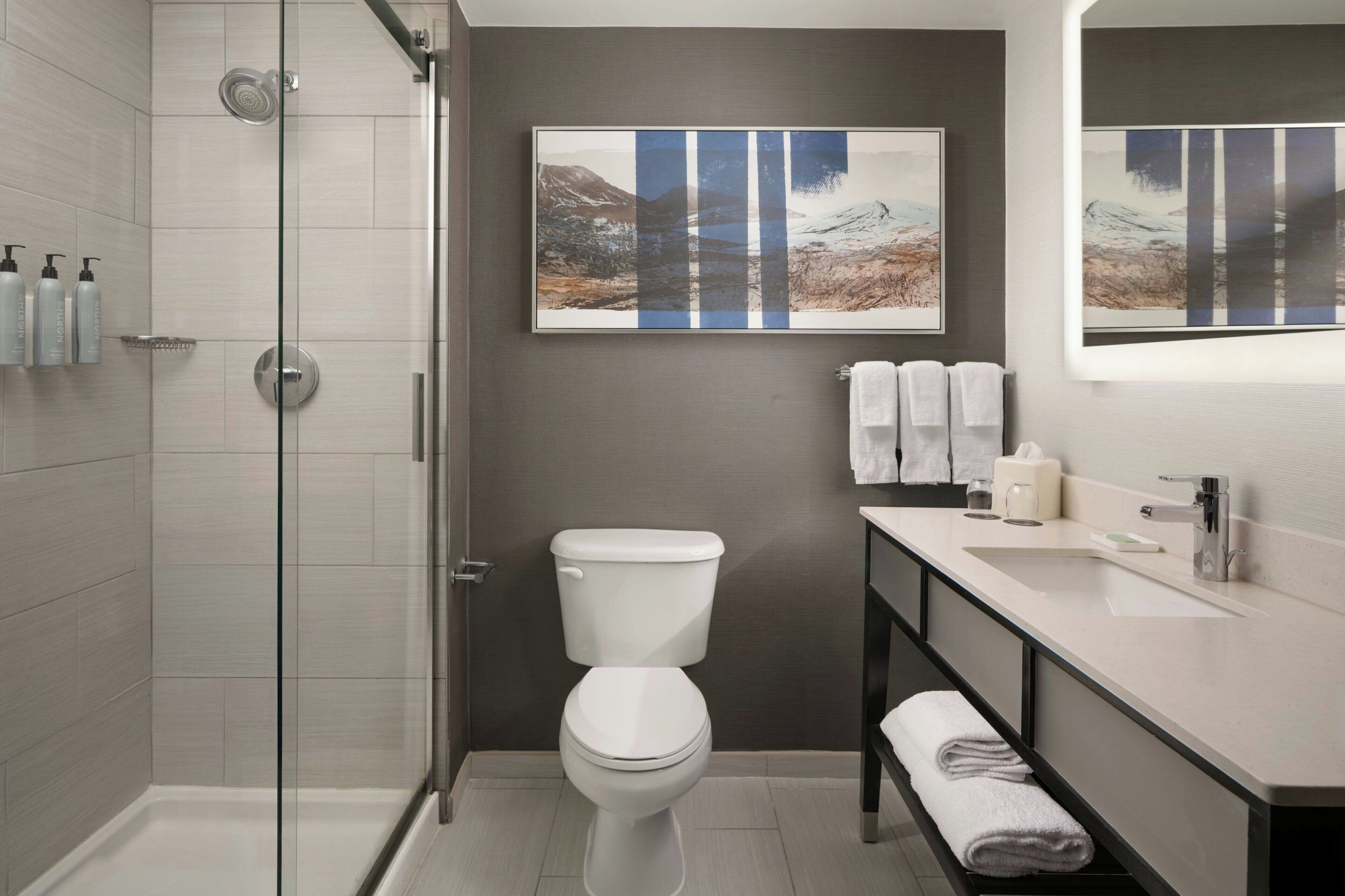 A modern bathroom with a glass-enclosed shower, a toilet, and a sink with a mirror above.
