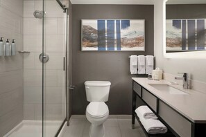 Un baño moderno con ducha envuelta en vidrio, un inodoro y un lavabo con espejo.