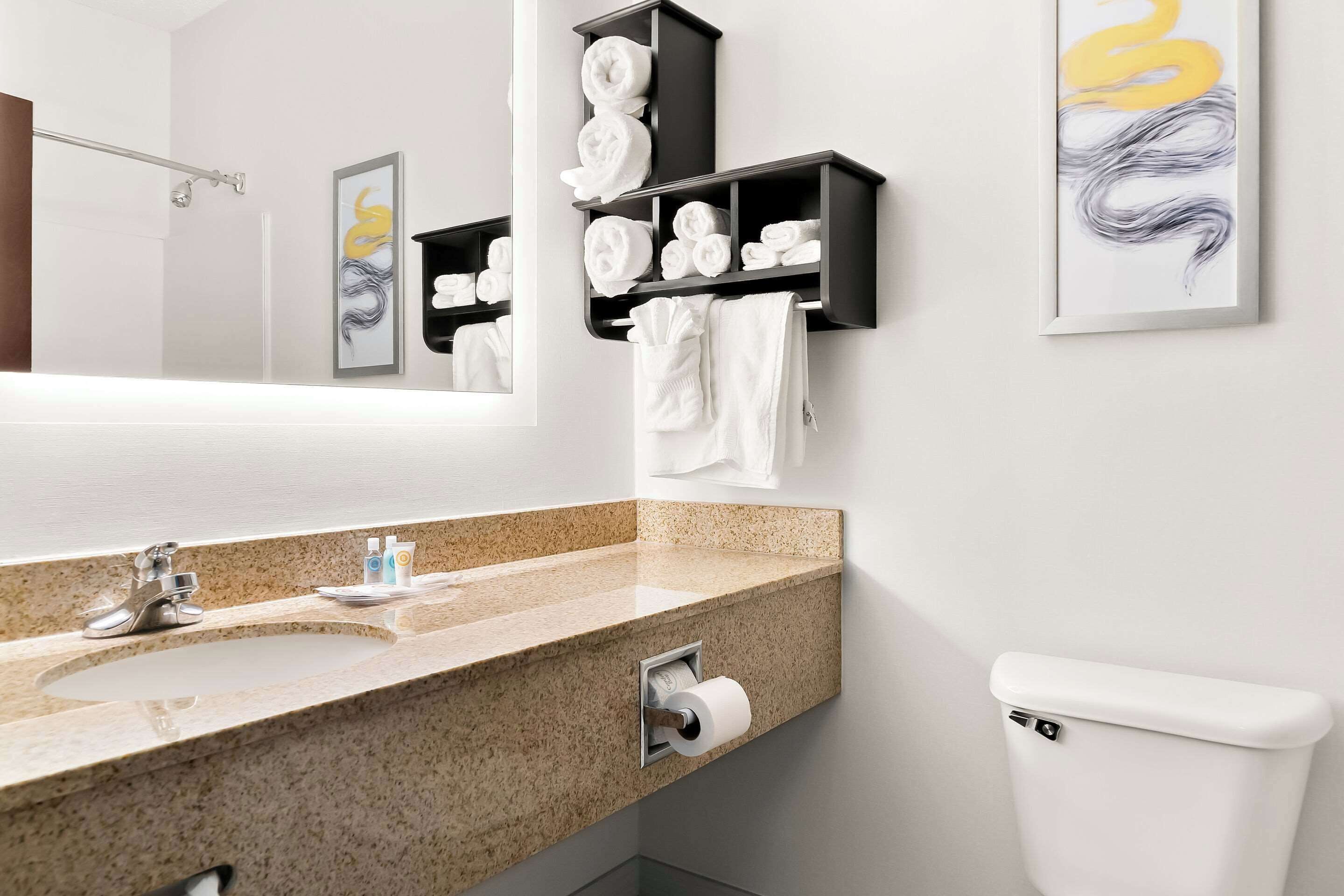 premium bedding, desk, laptop workspace, blackout curtains