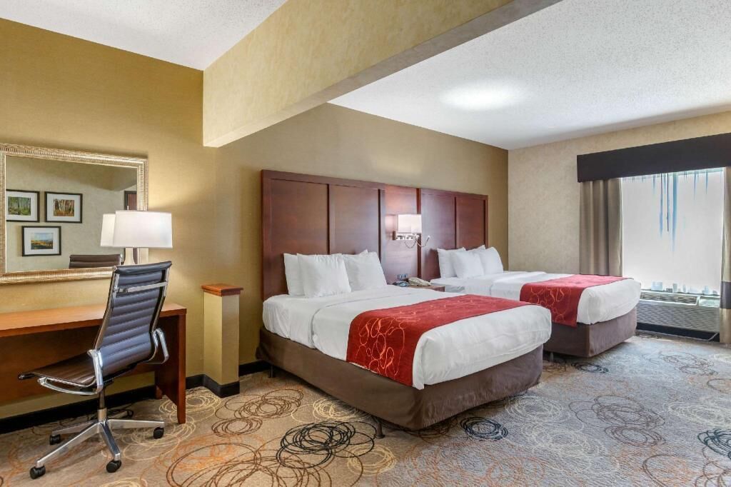 Premium bedding, desk, laptop workspace, blackout curtains