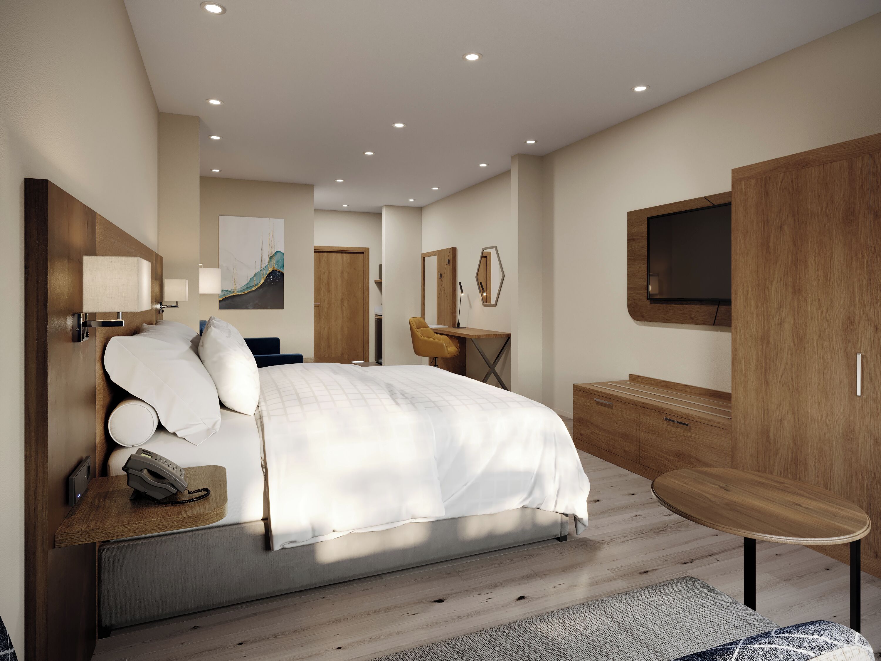 Premium bedding, desk, laptop workspace, blackout drapes