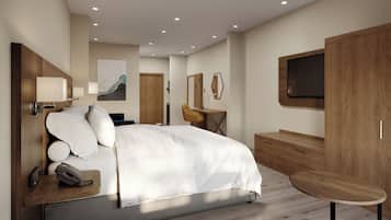 Premium bedding, desk, laptop workspace, blackout drapes