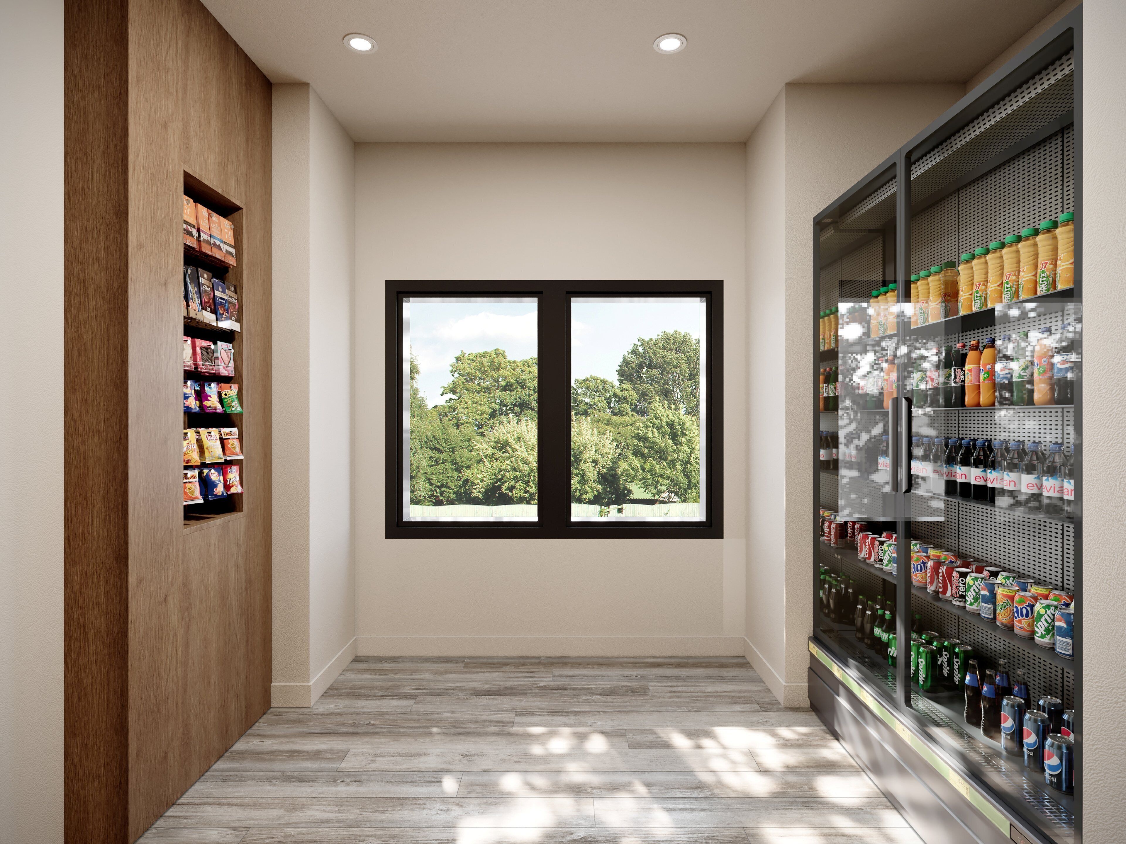 A hallway with a wooden shelf on the left, a large window with a view of trees, and a refrigerated beverage display on the right.