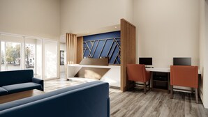 A modern hotel room with a large bed, a desk, two chairs, a sofa, and a view of the street through large windows.