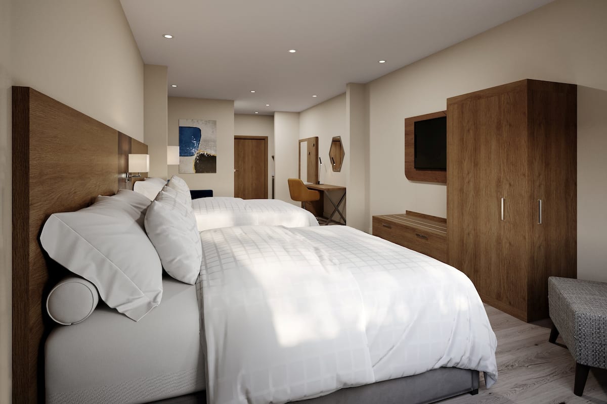 Premium bedding, desk, laptop workspace, blackout curtains