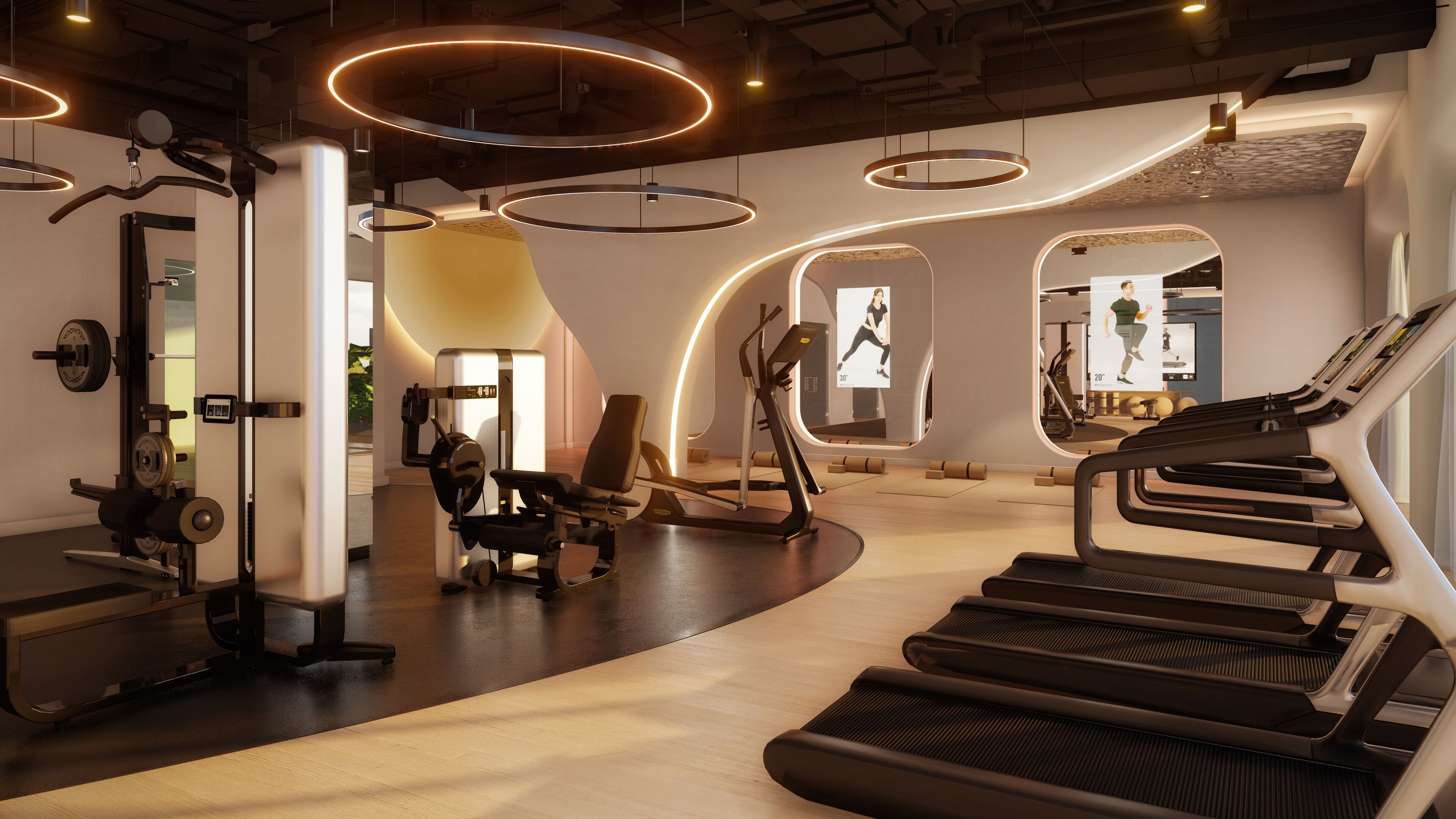 Ein modernes Fitnessstudio mit Trainingsgeräten, darunter Laufbänder und Kraftmaschinen, sowie runden Leuchten an der Decke.