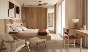 Een moderne slaapkamer met een bed, nachtkastjes, een bureau, stoelen en een plafondventilator.