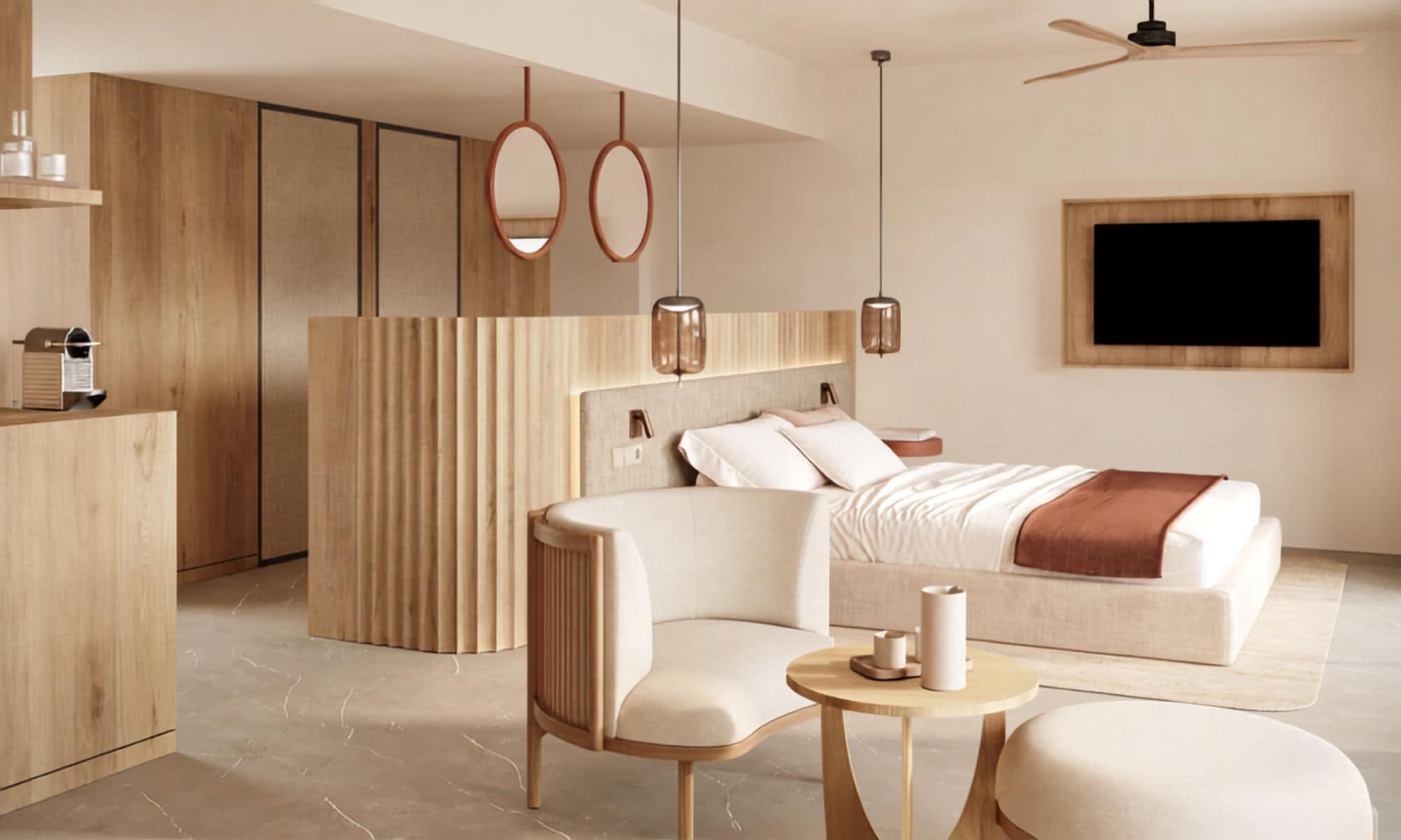 Een moderne slaapkamer met een bed, nachtkastjes, een stoel, een bureau en een plafondventilator.