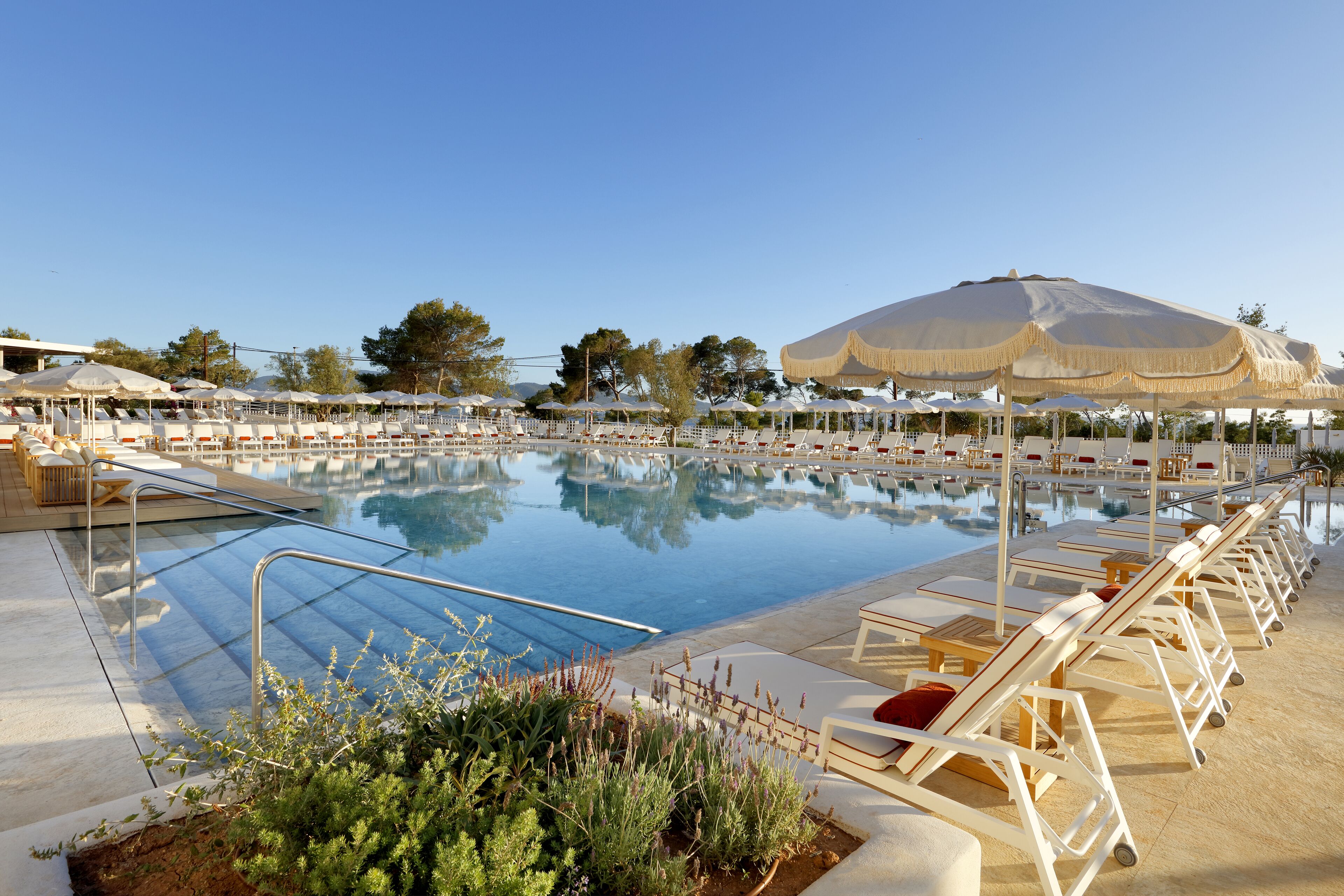 Un espace piscine équipé de chaises longues et de parasols.