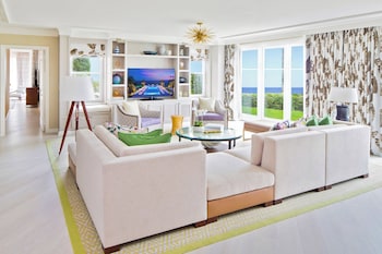 Founders Suite | Living area | 55-inch LCD TV with digital channels, TV, video-game console at Montage Laguna Beach