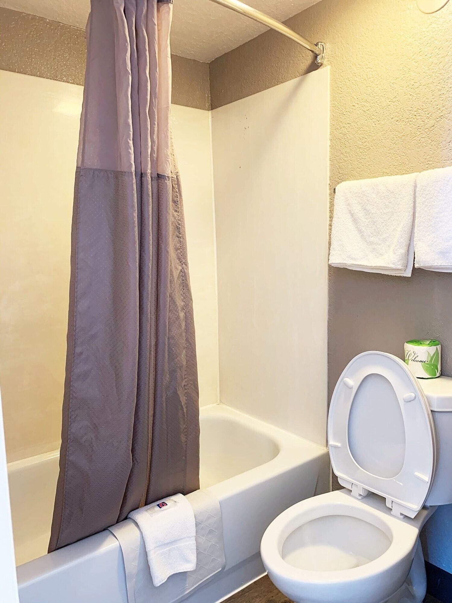 Separate tub and shower, free toiletries, towels