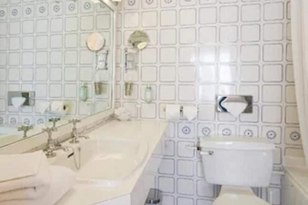 combined shower/bathtub, free toiletries, hair dryer, towels