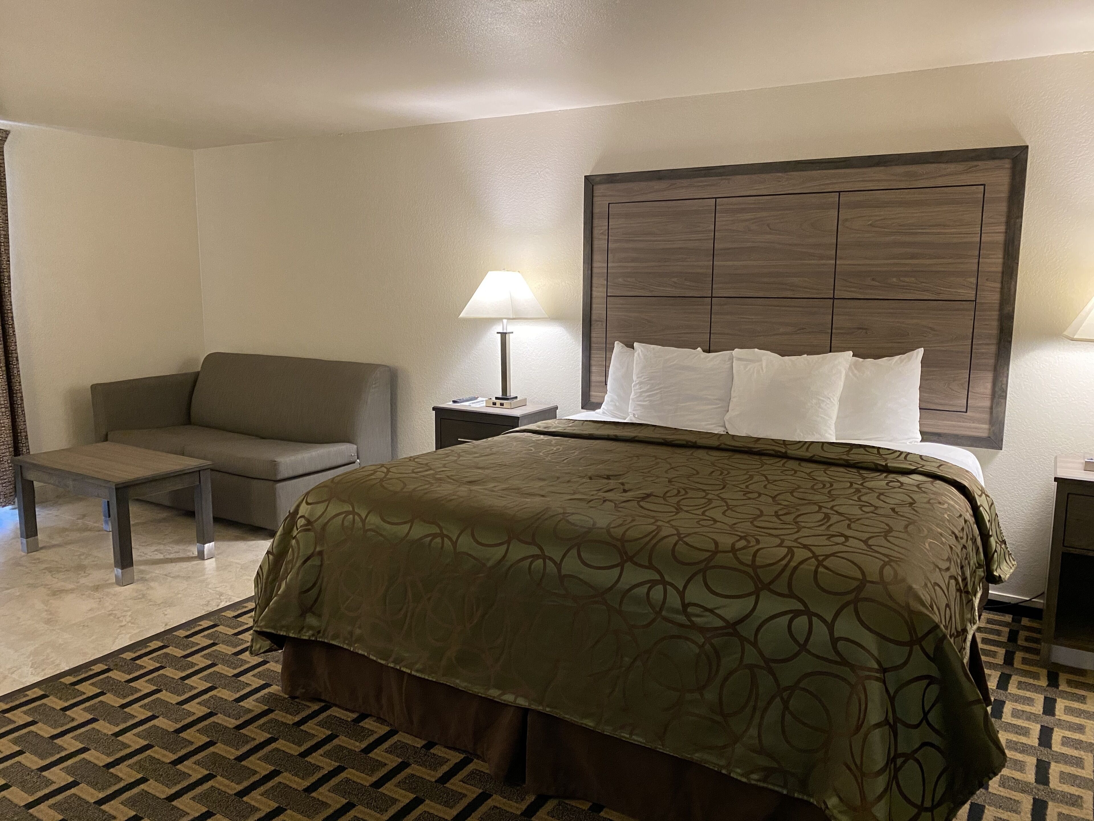 A hotel room with a bed, a sofa, a nightstand, and a lamp.
