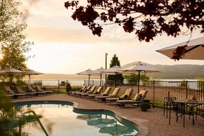 Outdoor pool, pool umbrellas, pool loungers