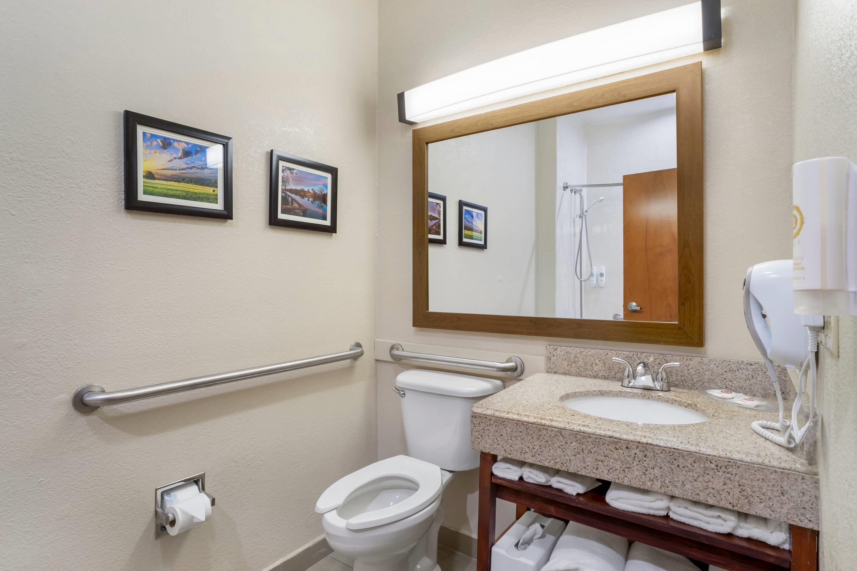 Un baño con inodoro, lavabo, barras de apoyo y espejo.