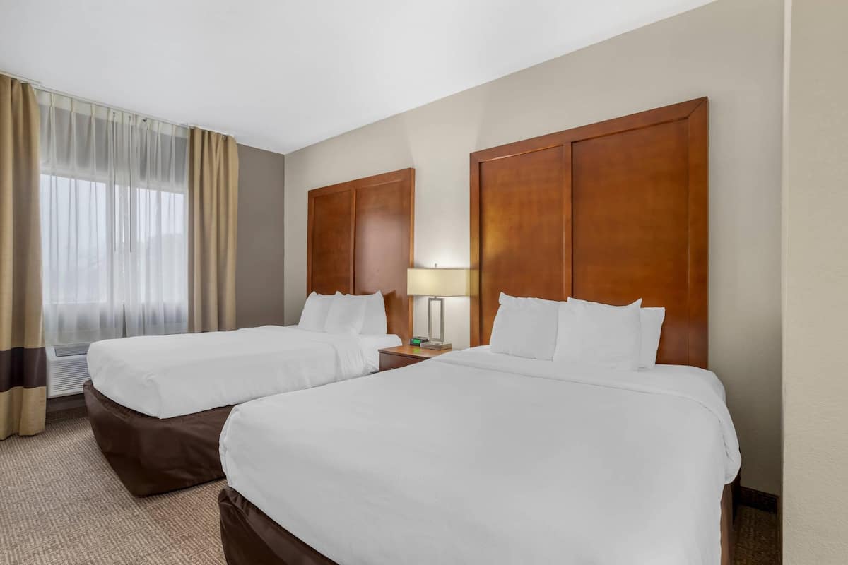 Una habitación de hotel con dos camas, una mesita de noche, una lámpara y una ventana con cortinas.