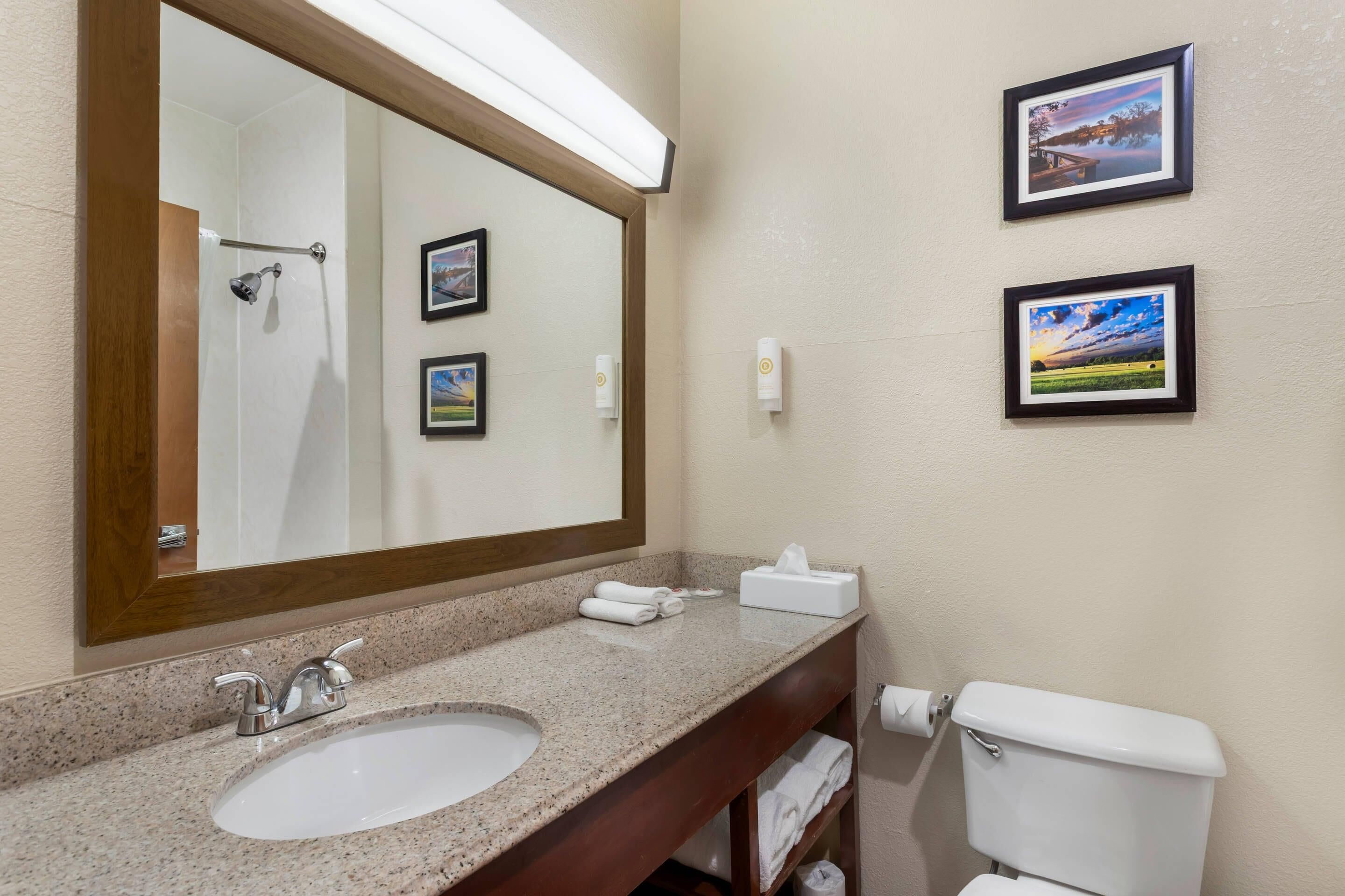 A bathroom with a sink, mirror, toilet, and framed pictures on the wall.