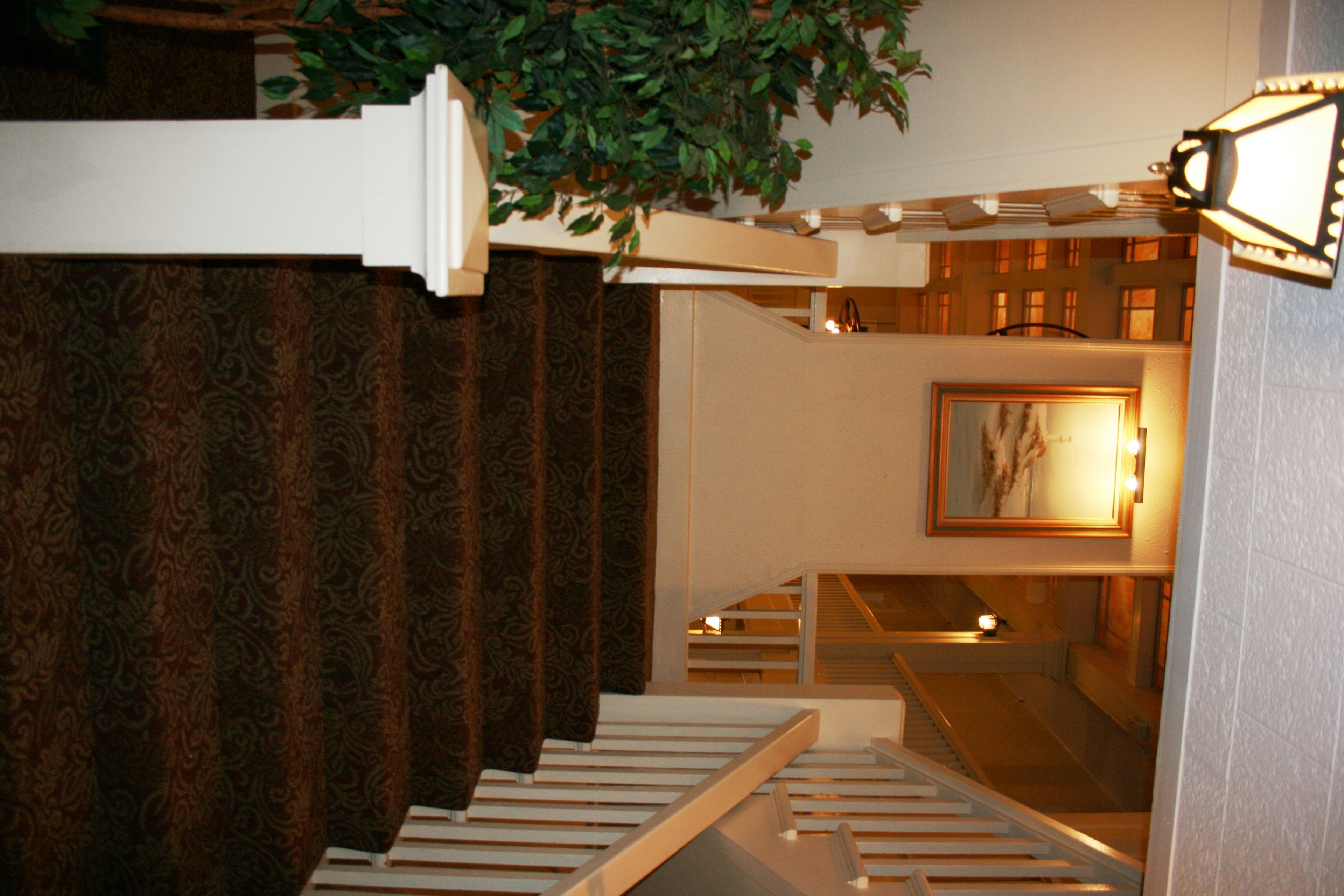Una escalera con alfombra estampada, una lámpara fijada a la pared y una obra de arte enmarcada.