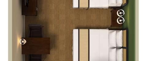 A hotel room layout with a bed, bedside tables, a desk, a chair, a wardrobe, a bathroom, and a window with curtains.