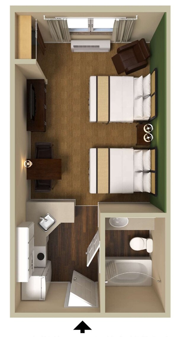 A hotel room layout with a bed, bedside tables, a desk, a chair, a wardrobe, a bathroom, and a window with curtains.