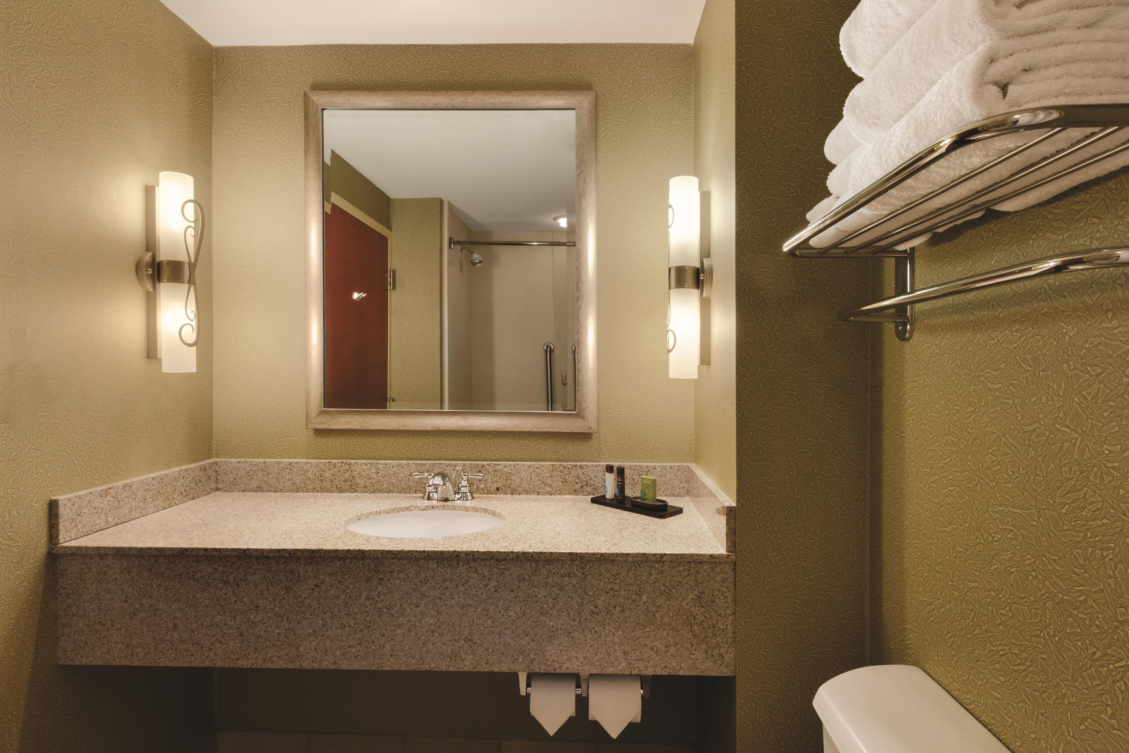A bathroom with a sink, mirror, towel rack, and a toilet.