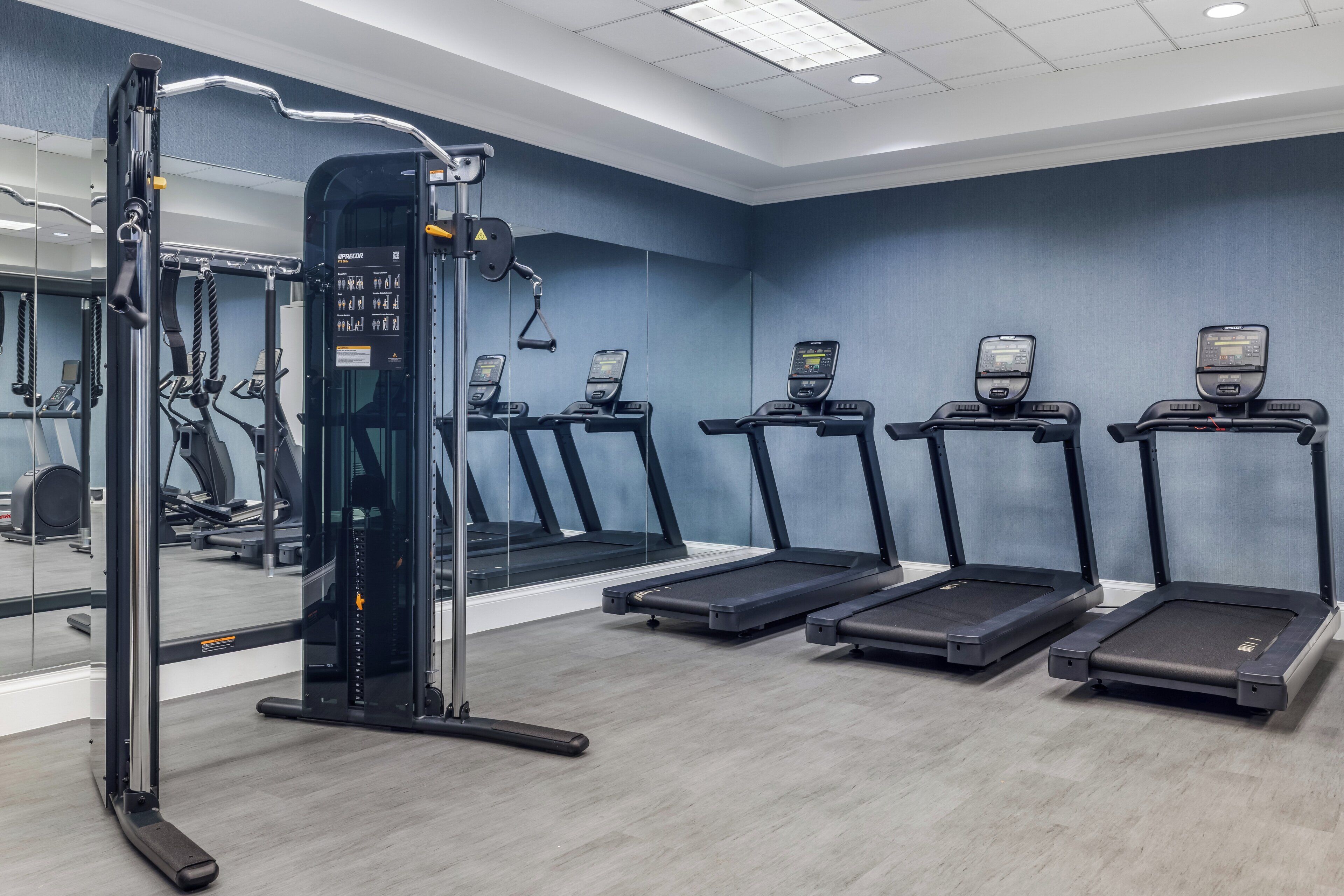 A gym with treadmills, a weight machine, and a mirror.