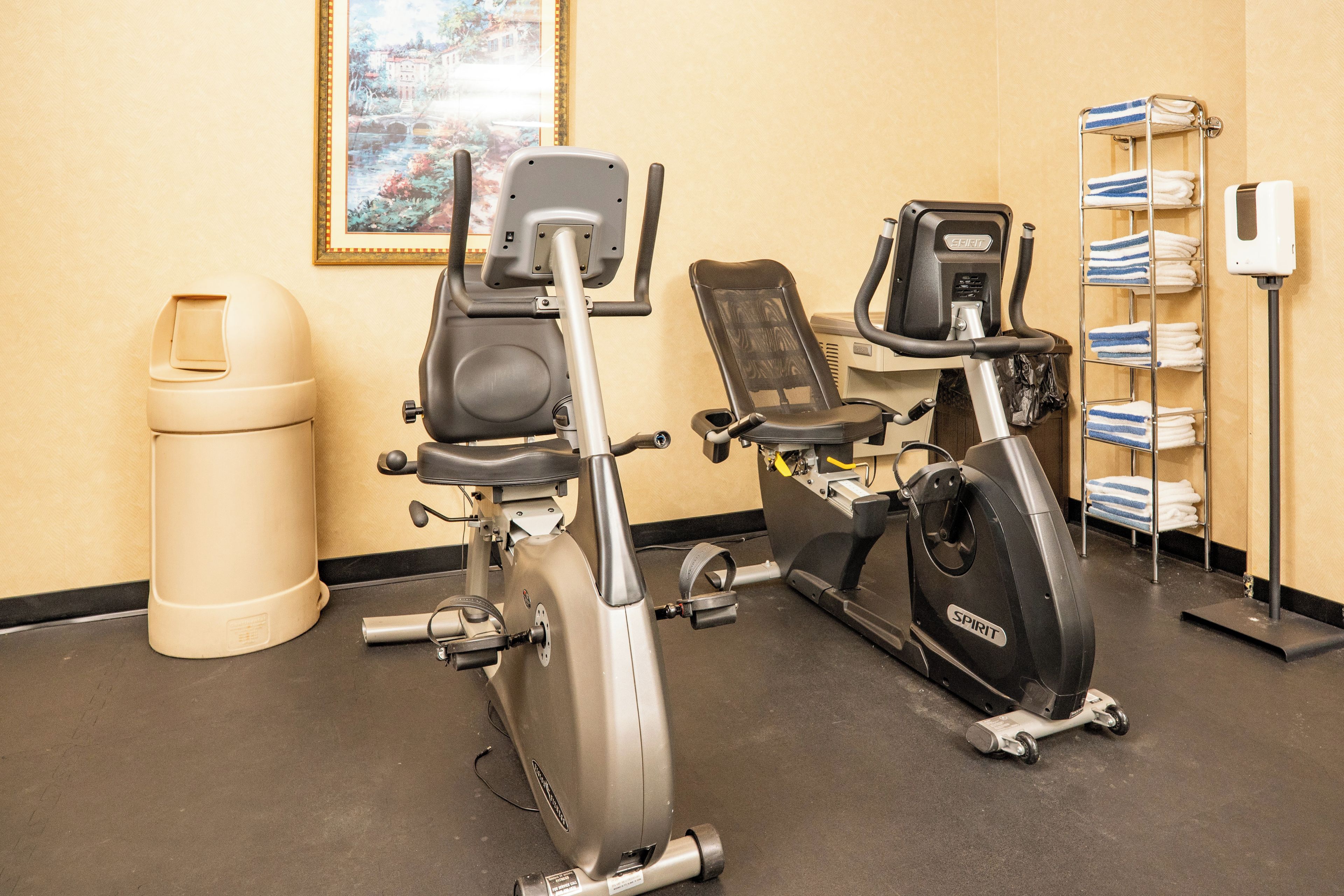 Two stationary bikes in a room with a painting on the wall and a towel rack.