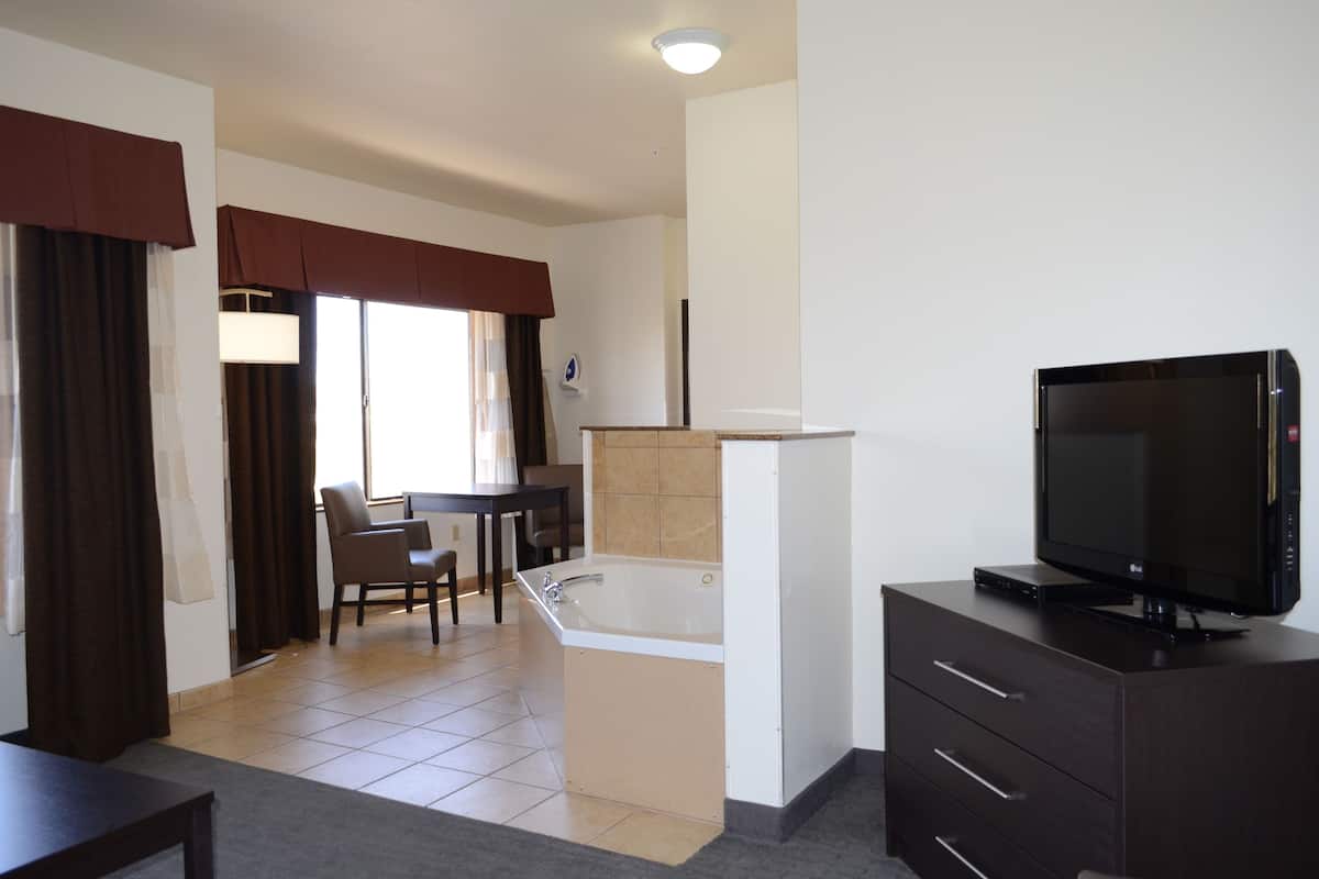 A hotel room with a TV, a small table, a chair, a bathtub, and a window with curtains.