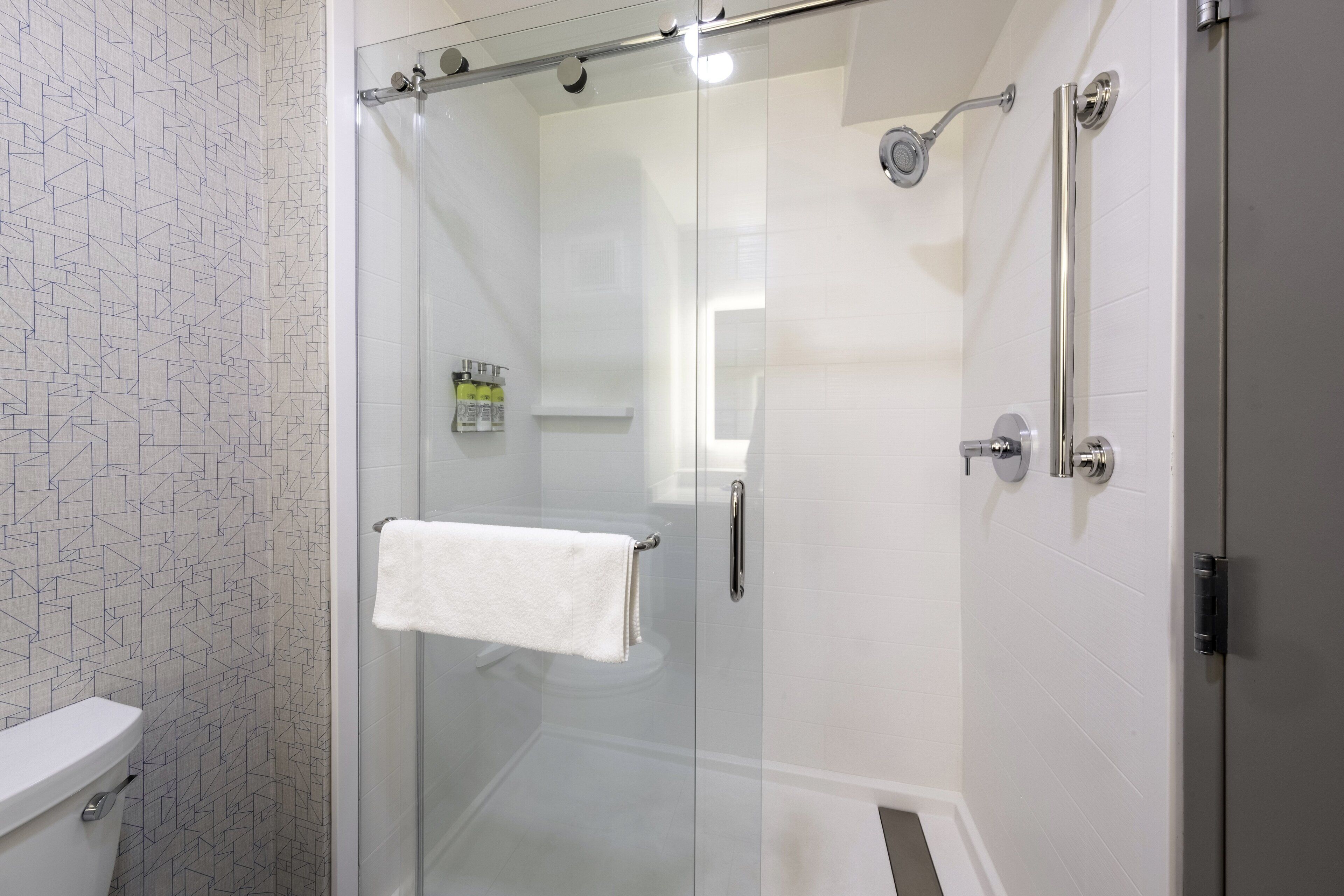 combined shower/bathtub, free toiletries, hair dryer, towels