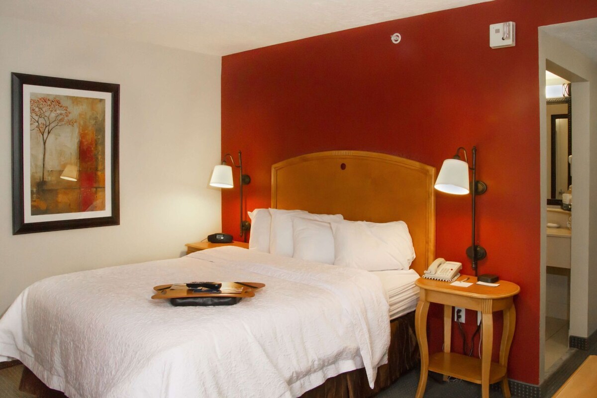 Une chambre d’hôtel avec un grand lit, deux lampes de chevet, un téléphone sur la table de chevet et un tableau encadré au mur.
